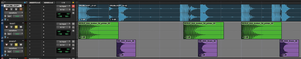 キックとスネアの波形をドラム・ループに合わせていく。グリッドからずらすことで、“自分らしいビート”につながっていく