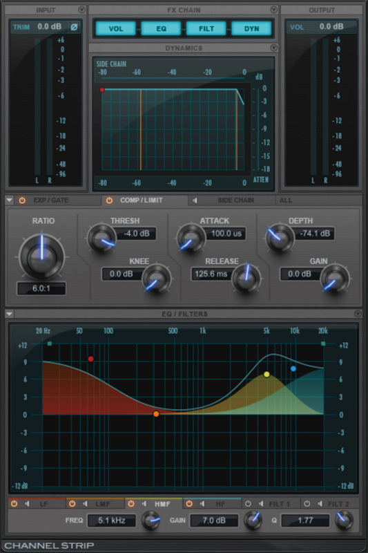 ドラム・ループができあがったら、Pro Tools付属プラグインChannel Stripなどで各パートのキャラクターを作り込むことが多い。Channel Stripは、EQやダイナミクス・エフェクトが統合されたもの。画像は“kick1”のトラックにインサートした設定だ