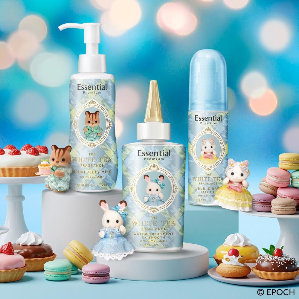 左から) 「エッセンシャル プレミアム うるりジェリーミルク」140mL 1,320円 「エッセンシャル プレミアム ウォータートリートメント」200mL 1,320円 「エッセンシャル プレミアムうるりキラリオイル」 80mL 1,320円※予定価格