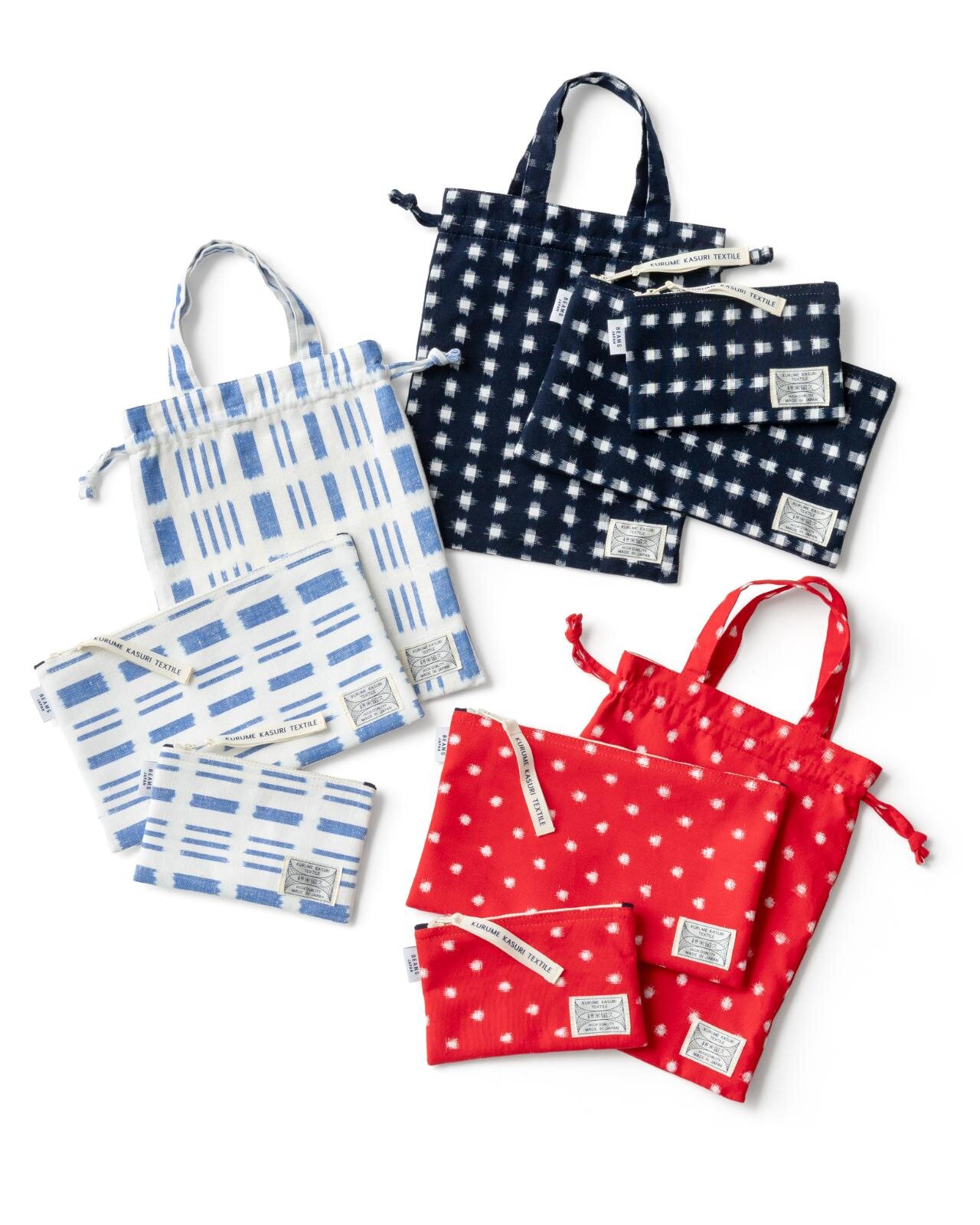 オカモト商店 久留米絣 ポーチS 2,200円、ポーチM 2,650円、巾着トート 6,600円