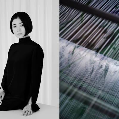 黒河内真衣子のポートレートと生地が織られている際の写真のコラージュ