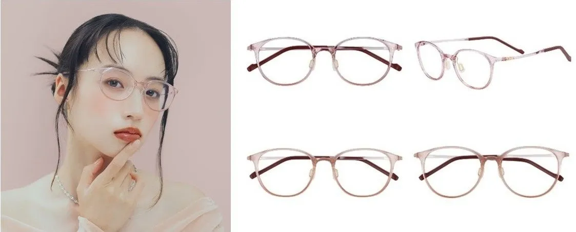 女性がメガネをかけている画像です。メガネは丸いフレームで、様々な角度から撮影されています。
