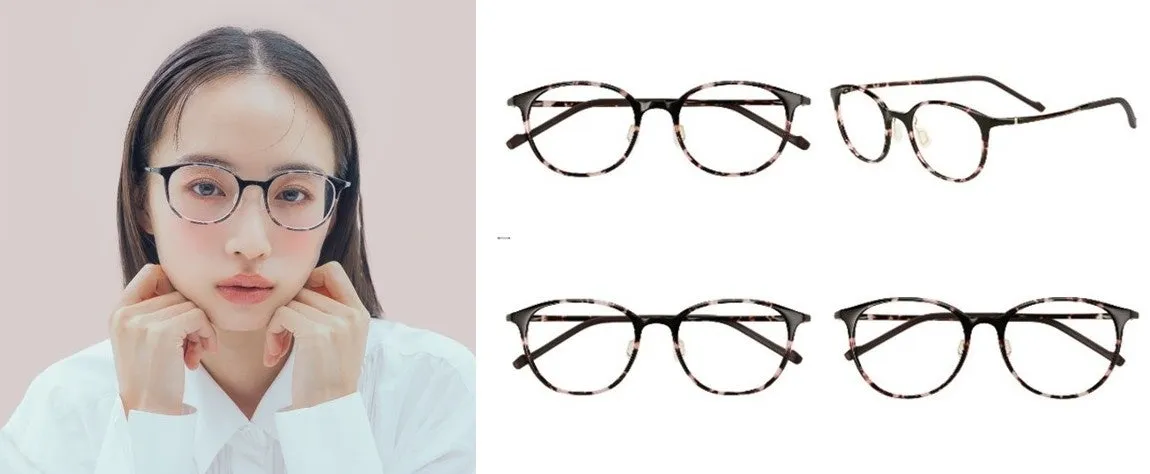 女性がメガネをかけており、メガネの複数の角度からの画像が並んでいる画像