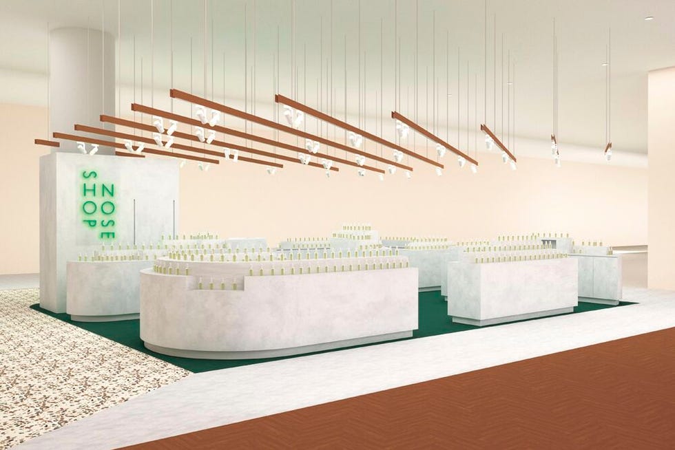 retail space designed to showcase fragrances with various display counters