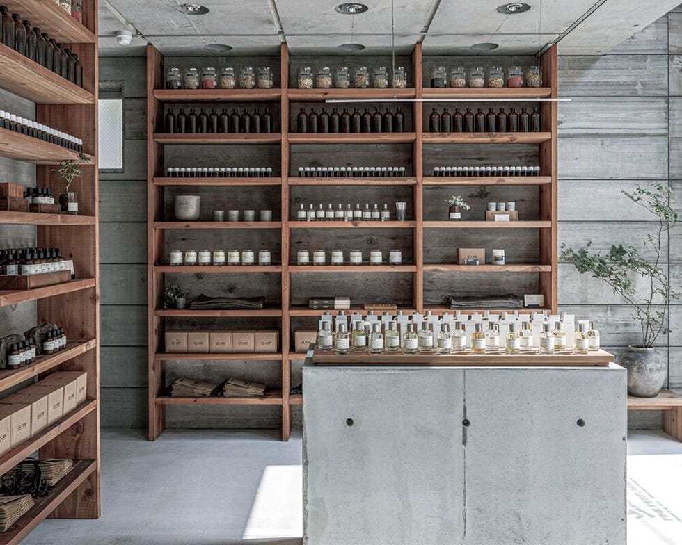 a minimalist retail space showcasing various natural products