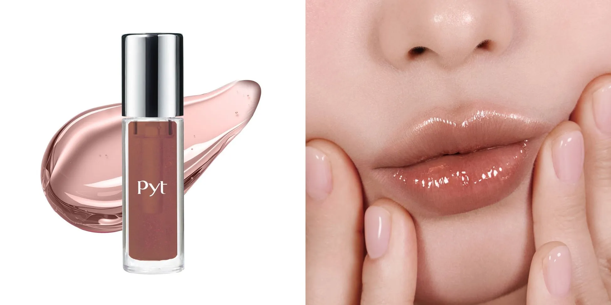 口紅と唇のクローズアップ写真。口紅のチューブと、唇に塗られた口紅が写っています。