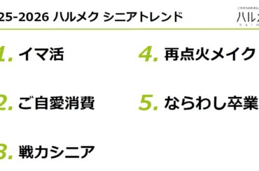 2025-2026 ハルメク シニアトレンドを発表！「イマ活」「ご自愛消費」「戦力シニア」「再点火メイク」「ならわし卒業」 お金も時間も（キャンセルせずに）自分に使うシニアが増加 | 株式会社ハルメクホールディングスのプレスリリース