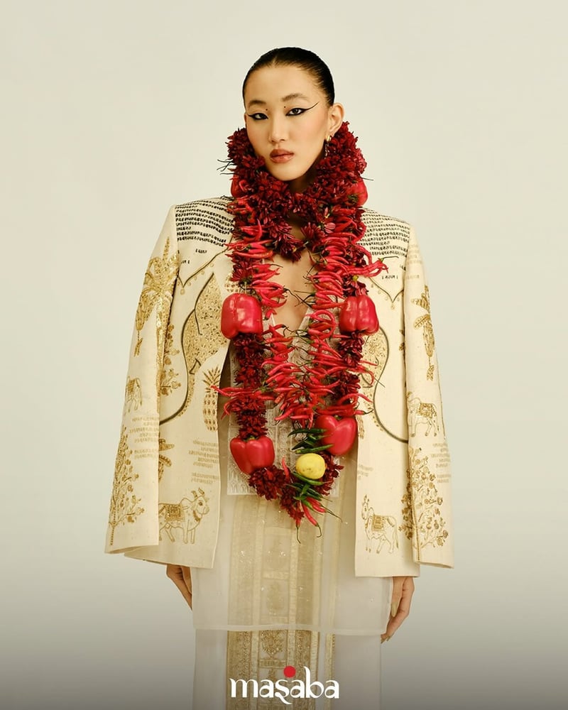 マサバ・グプタのシグネチャーである牛のモチーフがあしらわれたステートメントジャケット