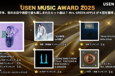 USEN MUSIC AWARD 2025　今年一番多く流れたアニメ主題歌は？多彩な感情を呼び起こす「薬屋のひとりごと」「鬼滅の刃」ランキング発表！総合ではMrs. GREEN APPLEがUSEN史上初の4冠を獲得！