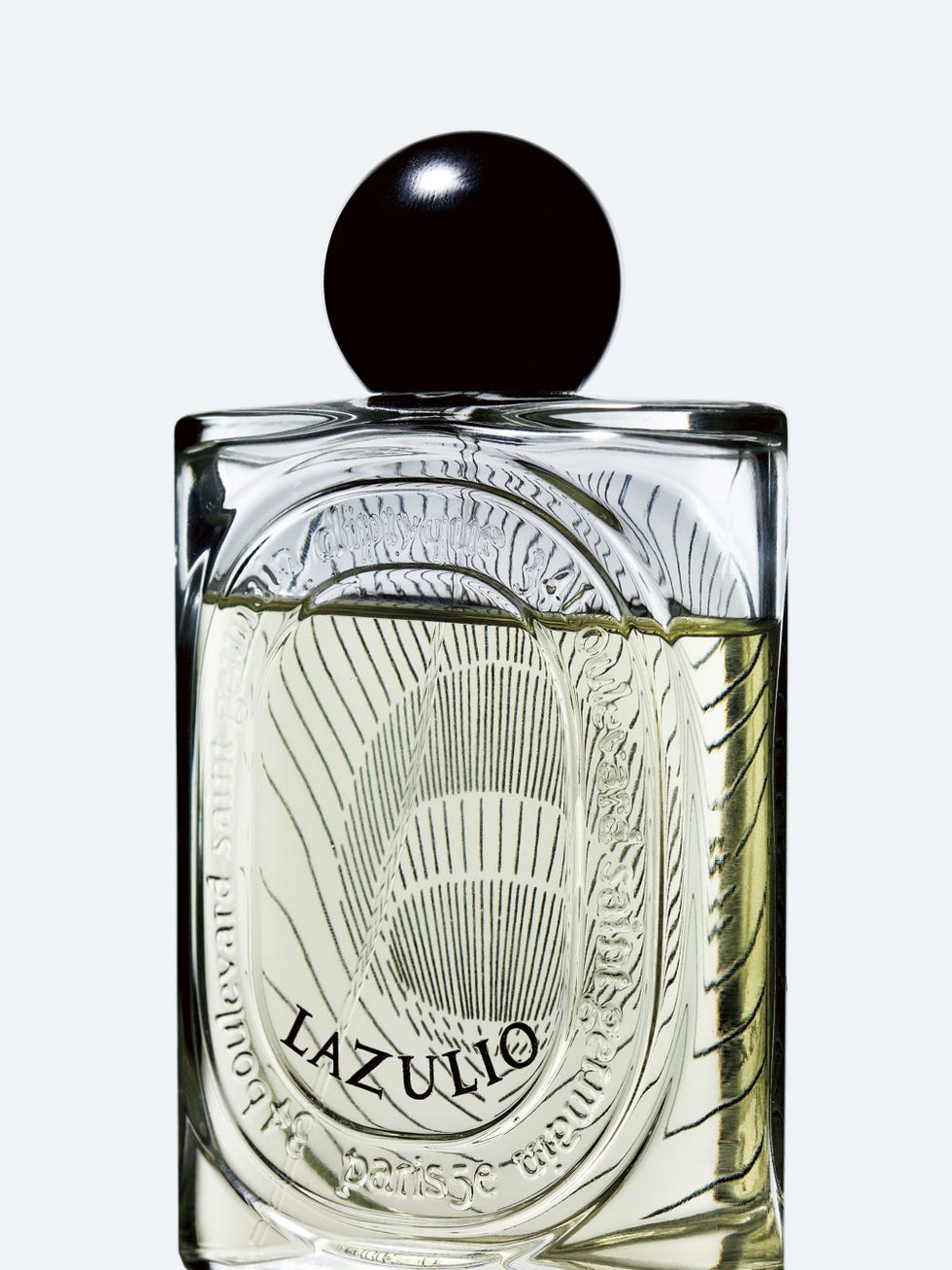 fragrance bottle with decorative elements and a rounded cap