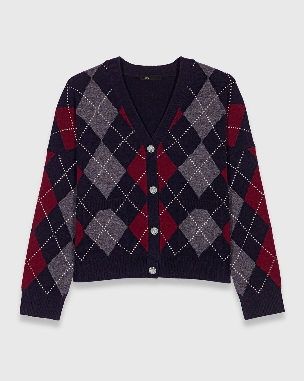 Cropped argyle pattern cardigan
