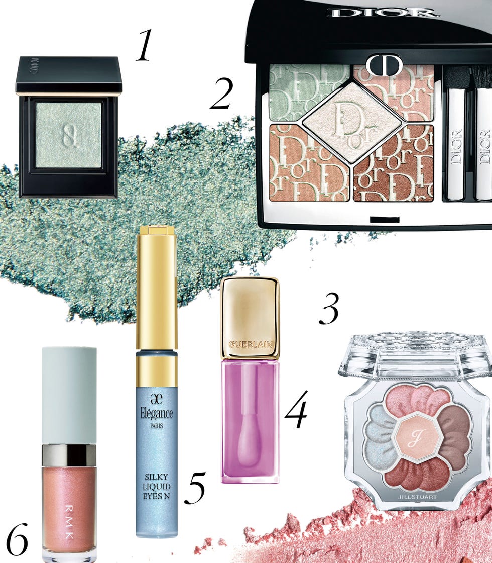 collection of various makeup products displayed with product numbers