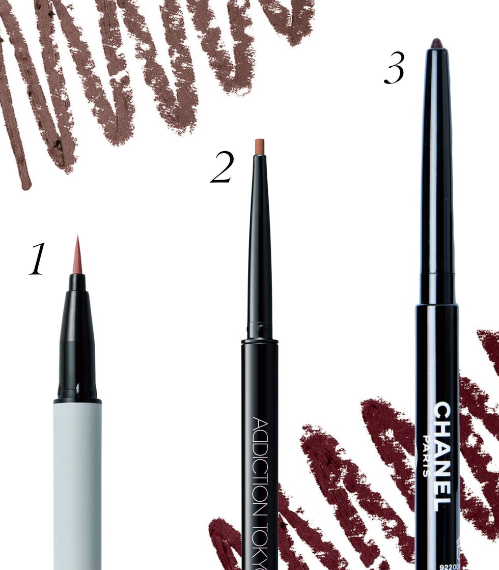 display of three makeup lip liners with swatches in the background