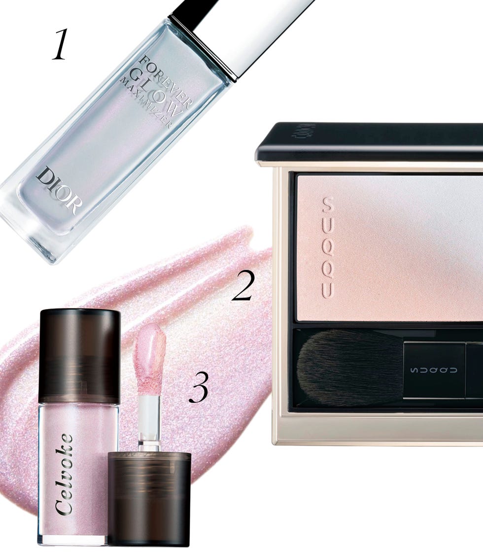 cosmetic products including a glow maximizer a liquid shimmer and a powder highlighter
