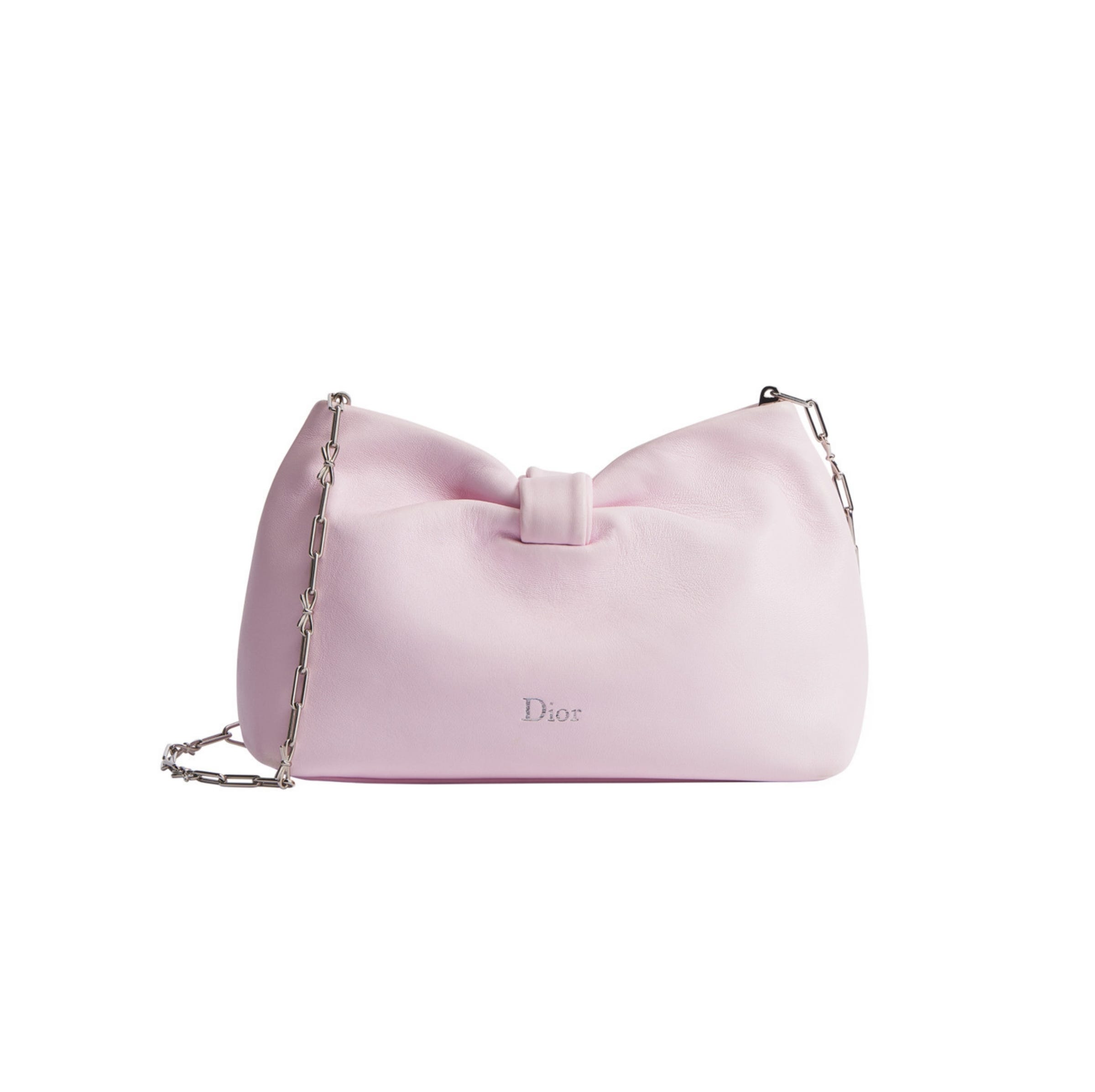 pink leather handbag with a bow detail and chain strap