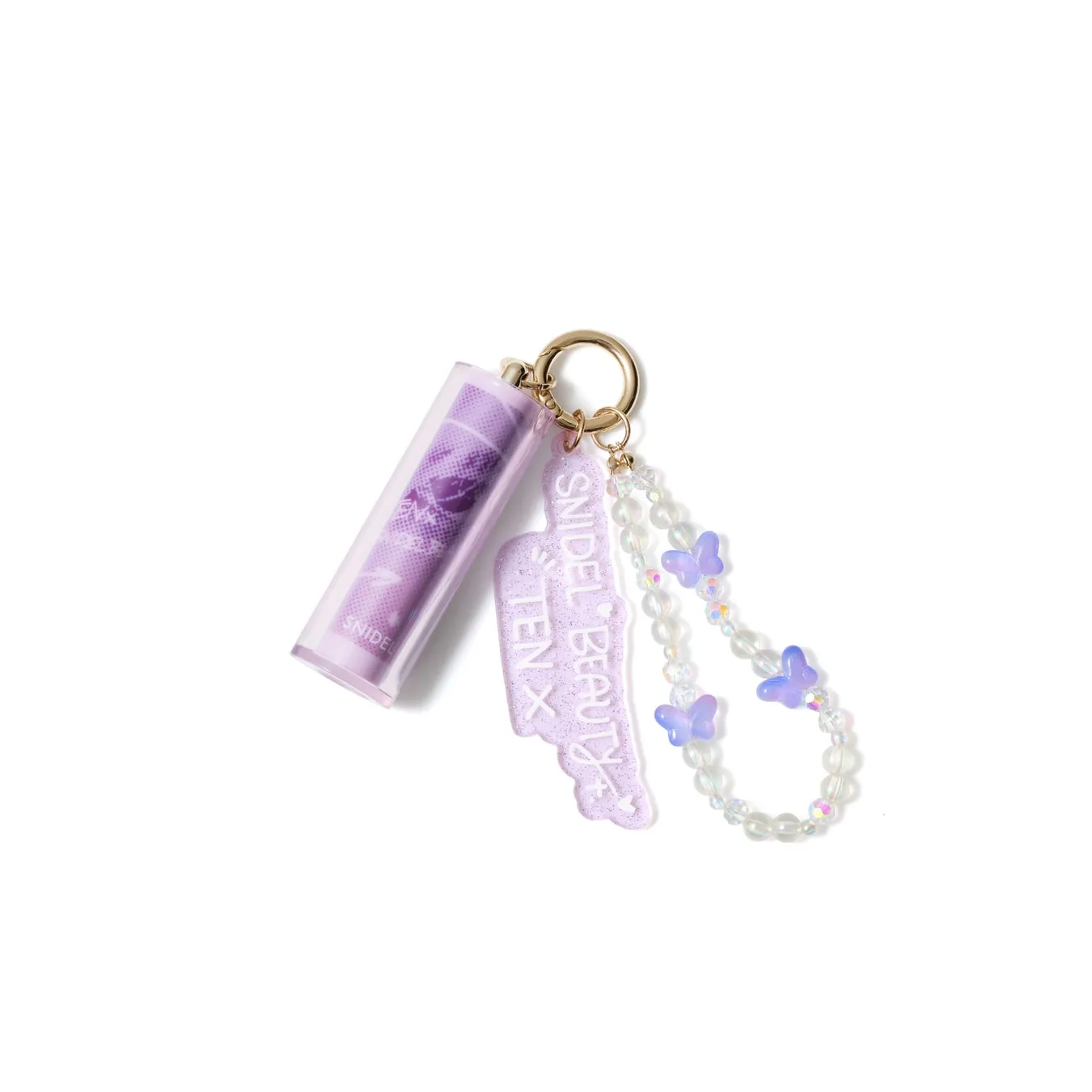 白い背景に紫色のキーホルダー