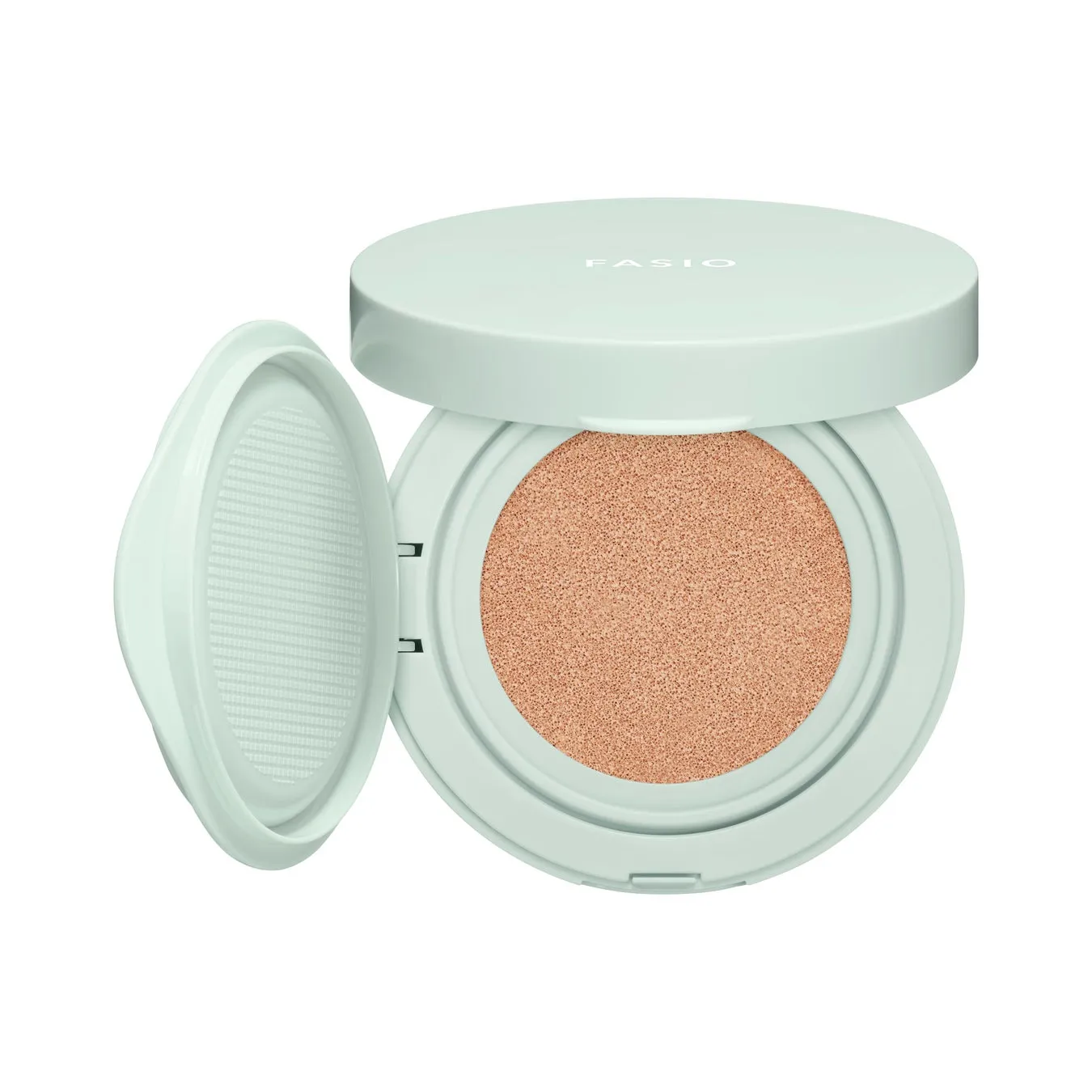 パウダーファンデーションの製品画像です。パウダーファンデーションは、ミントグリーンのケースに入っており、蓋を開けた状態です。