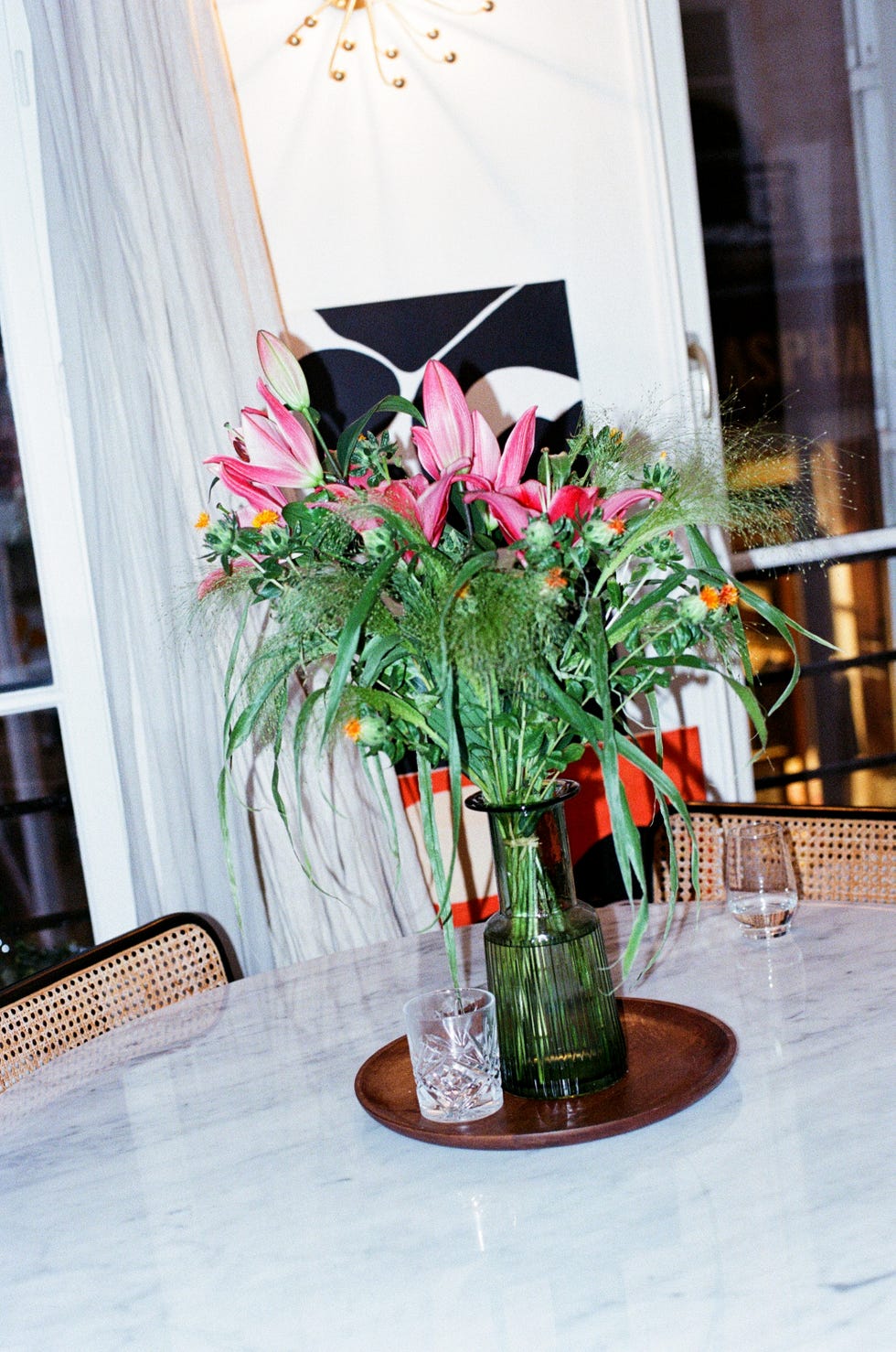 floral arrangement on a table in a modern setting