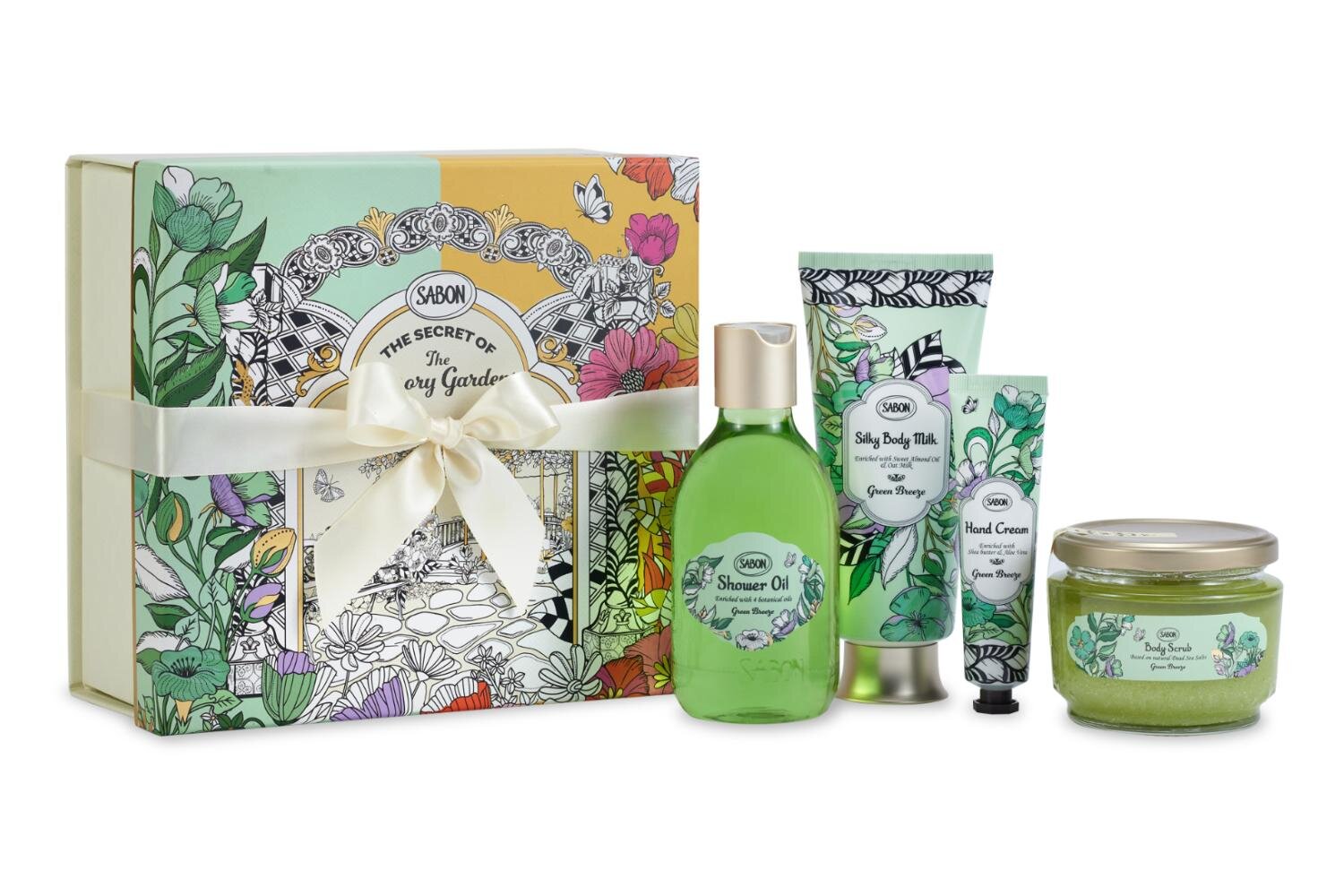 「ボディケア コンプリートキット グリーン・ブリーズ」14,300円＜限定品＞ 内容：シャワーオイル 300mL(現品) / ボディスクラブ 320g(現品) / シルキーボディミルク 200mL(現品) / ハンドクリーム 30mL(現品) / ギフトボックス