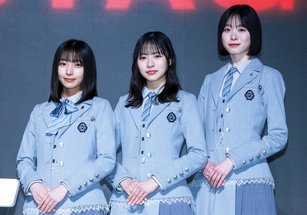 Leminoコンテンツ発表会2026「Lemino NEXT STAGE」に登壇した日向坂46の大野愛実、正源司陽子、高橋未来虹(写真左から)