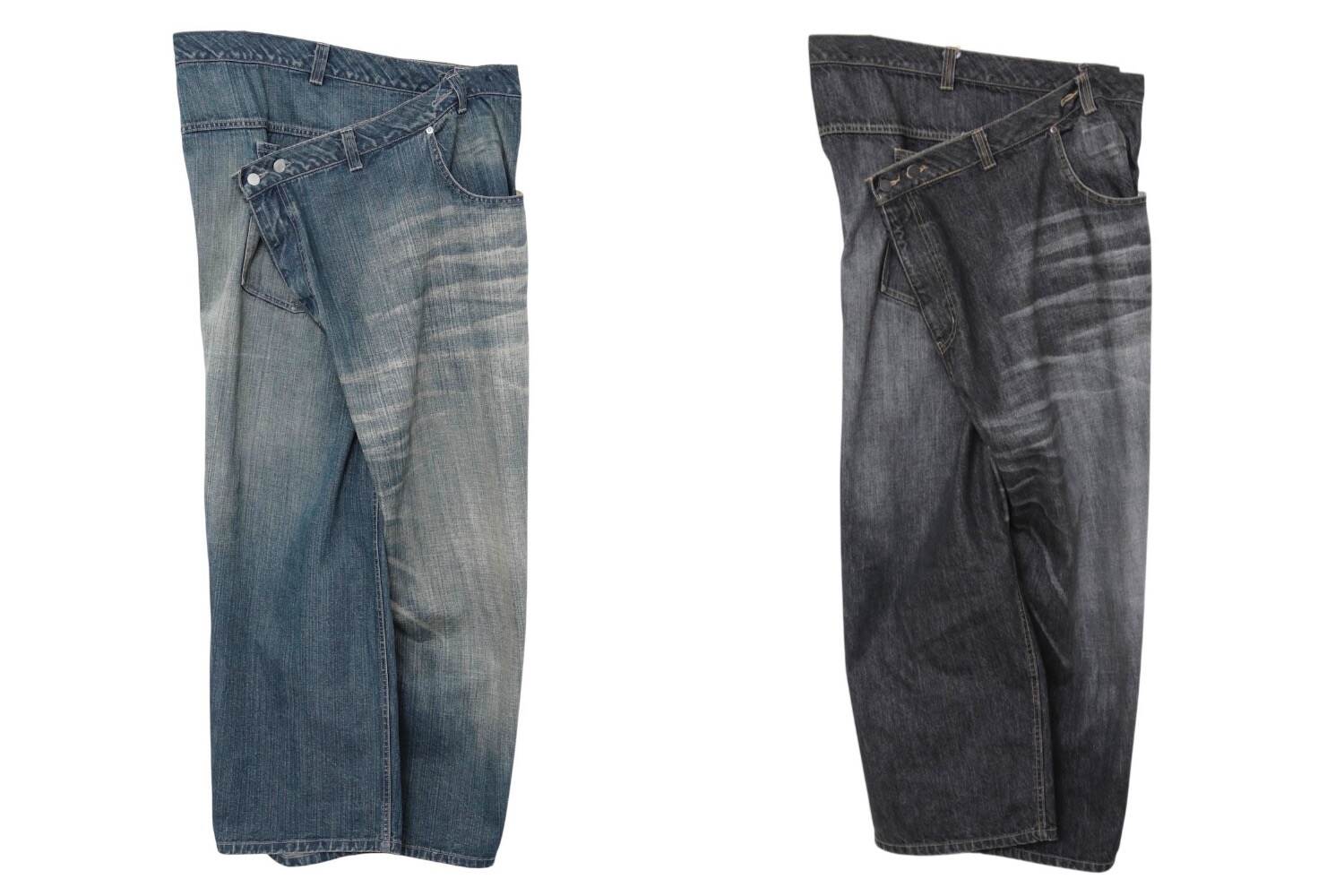 オリミ“オーバーラップ”仕様のビッグデニムパンツ、ウォッシュ加工のインディゴ＆ブラック