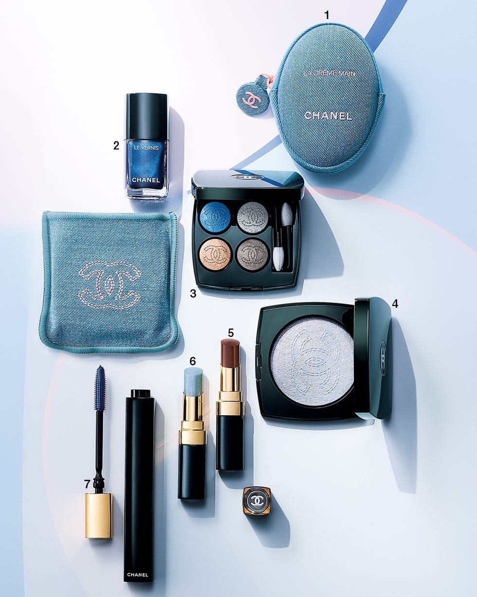 collection of chanel beauty products displayed on a light background