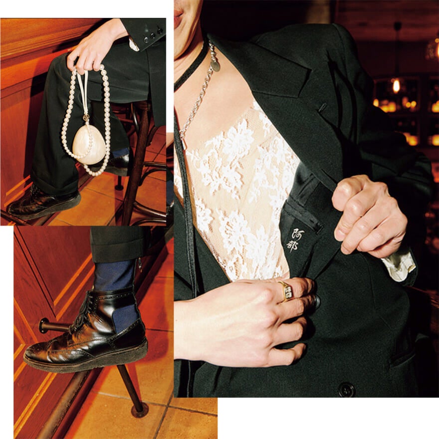 TOGA ARCHIVES × H＆Mのシューズ、SIMONE ROCHAのバッグ、祖父のお下がりのセットアップ