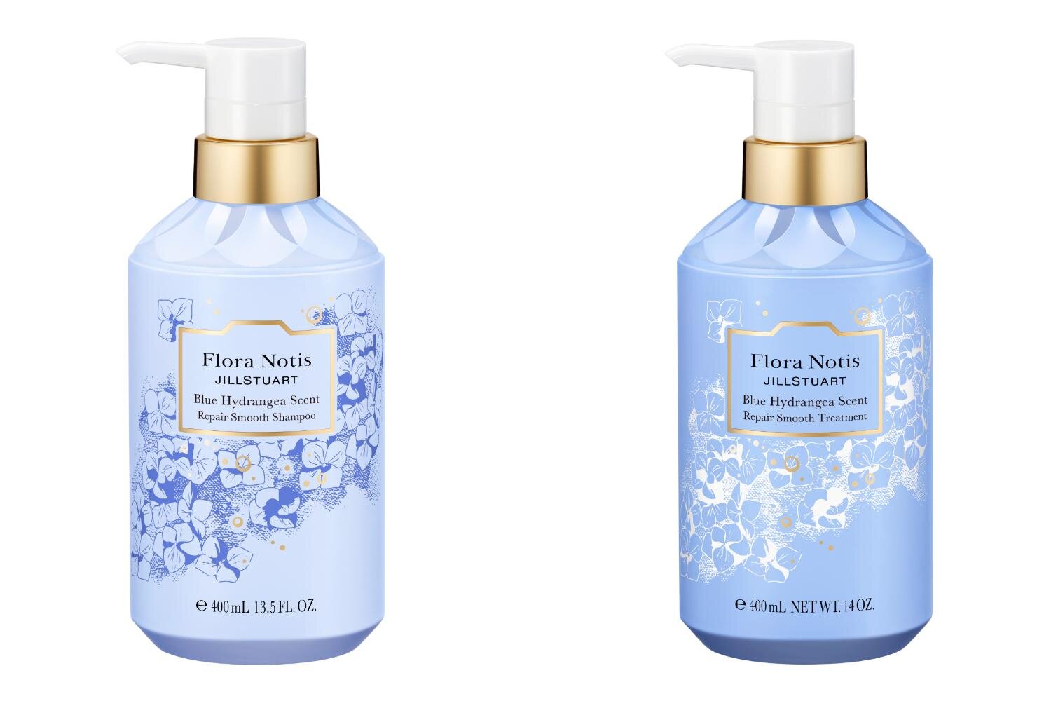 左から)「フローラノーティス ジルスチュアート ブルーハイドレンジア リペアスムースシャンプー」400mL 3,300円＜限定品＞ 「フローラノーティス ジルスチュアート ブルーハイドレンジア リペアスムーストリートメント」400mL 3,300円＜限定品＞
