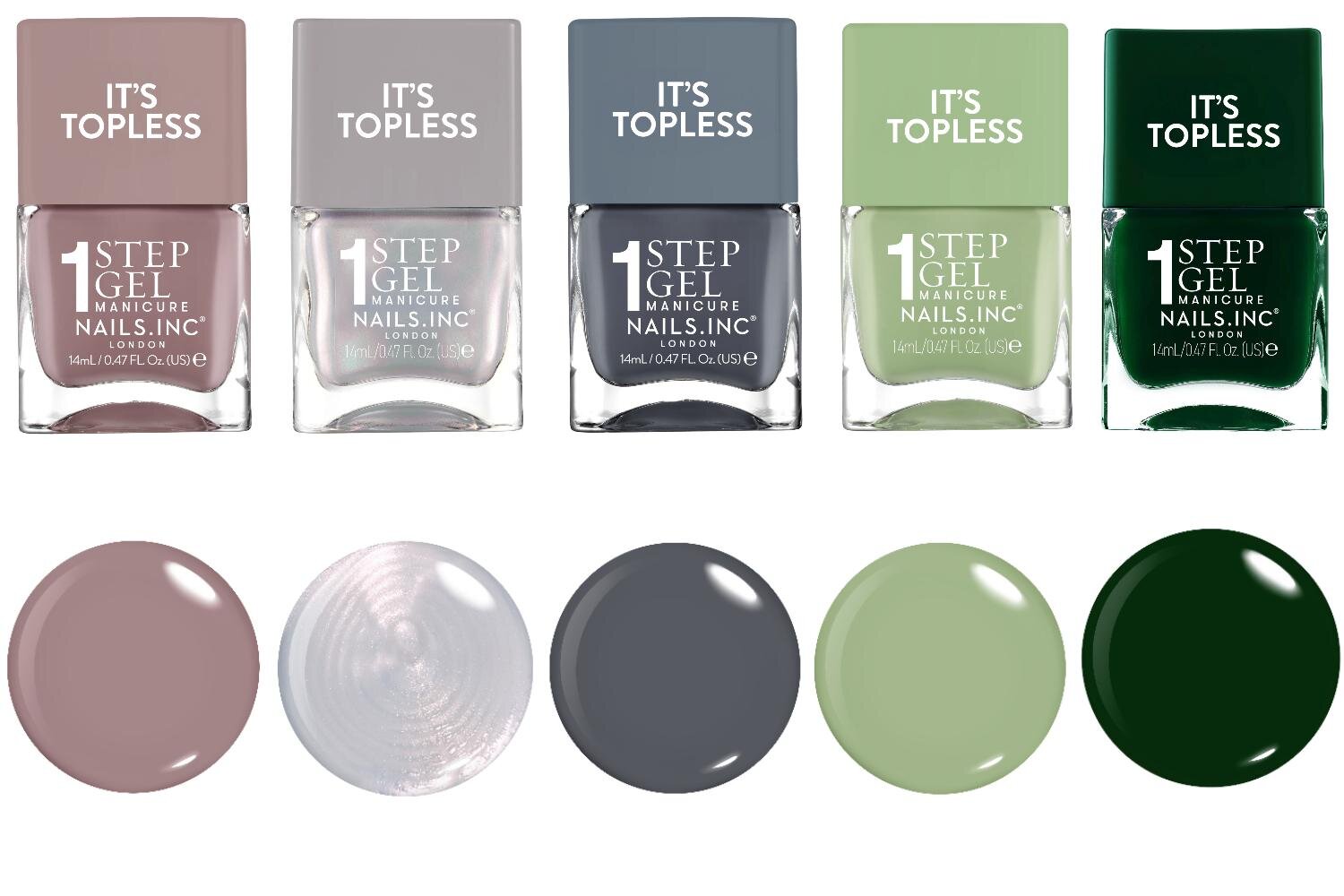 左から)「ネイルズ インク ワン ステップ マニキュア ネイルポリッシュ」14mL ミーガン、エル、エミリー、アミ、ジャスミン 各3,080円＜新製品＞