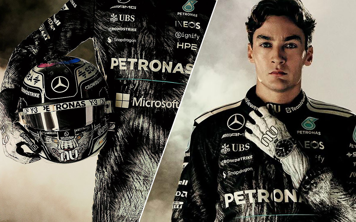 3が鈴鹿で示す新たな境地 | Formula1-Data / F1情報・ニュース速報解説 世界的ファッションデザイナー山本耀司氏が率いるブランド『Y-3』とのコラボレーションによって実現したメルセデスの特製レーシングスーツを着用するアンドレア・キミ・アントネッリとジョージ・ラッセル、2026年3月25日F1日本GP (1)