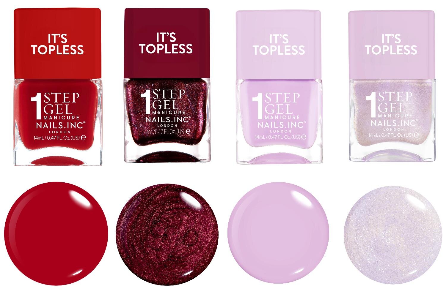 左から)「ネイルズ インク ワン ステップ マニキュア ネイルポリッシュ」14mL ケンデル、スカーレット、ヘイリー、ハル 各3,080円＜新製品＞