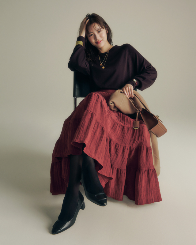 ティアードスカート×ブラウンニット