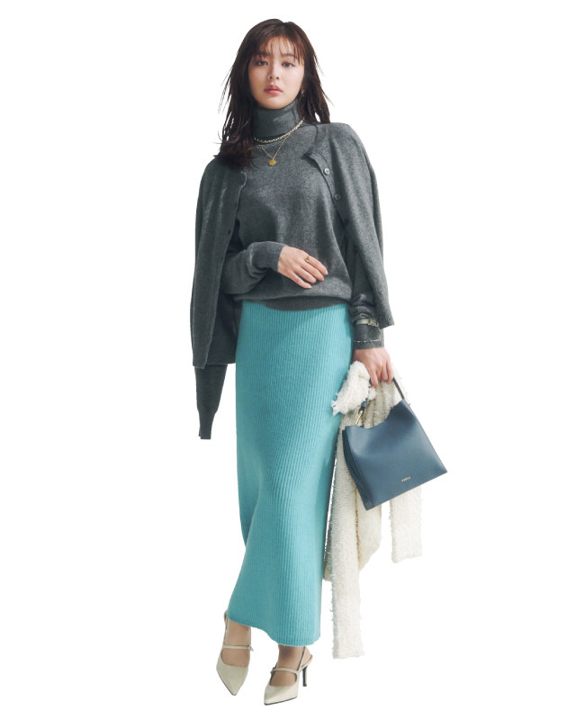 きれい色ニットスカート×グレーカーディガン・ニット
