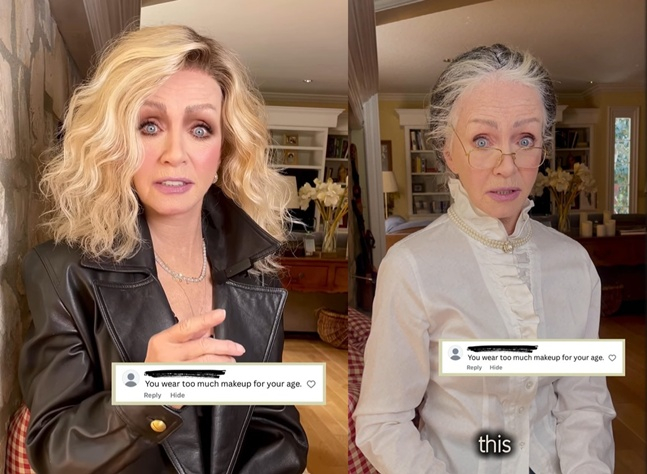 ドナミルズが「年齢に合わない化粧がとても濃い」というコメントを紹介した後、「それではこのように化粧すれば良いのか」と変身した姿/写真 instagram @thedonnamills 