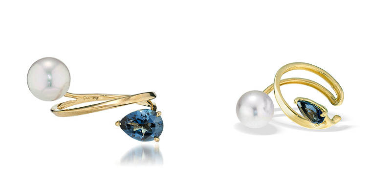 K18YG アコヤパール（ナチュラルブルー）×ブルートパーズイヤーカフ￥115,500、リング￥187,000