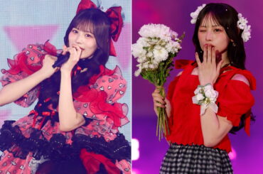 Two female performers on stage in red outfits: left sings into a microphone in a heart-patterned pink dress with a large red bow; right holds a bouquet, winks, wearing a red top with a floral crown and checkered skirt.
