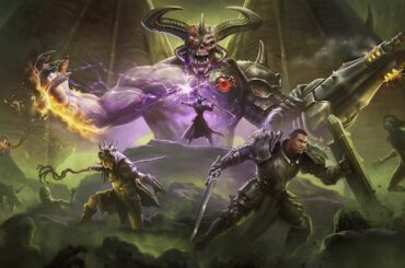 Players fight an enemy horde while an imposing Cyberdemon looms above them.