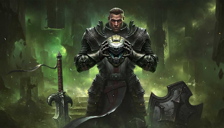 An armored character kneels with their DOOM-inspired helmet removed.