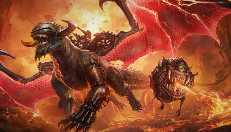 Fiery artwork featuring an airborne Serrat and Cacodemon.