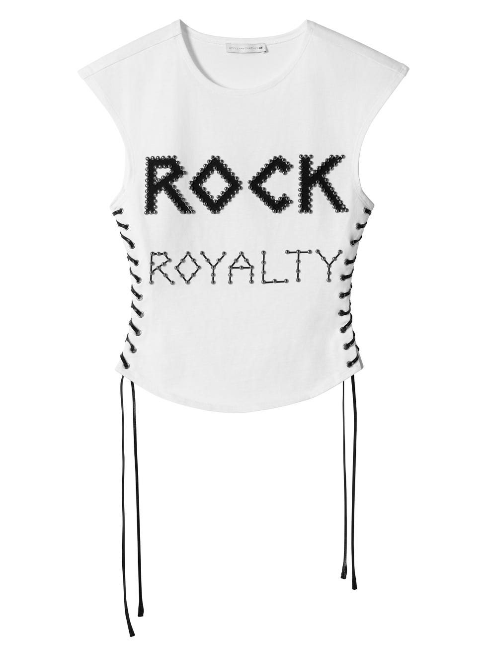 white sleeveless top with a laceup design and printed text