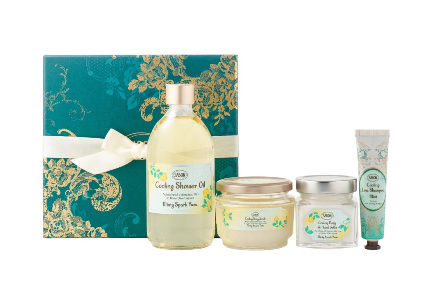 「トータルケアキット ミンティスパーク・ユズ」14,850円＜数量限定品＞ ※シャワーオイル 500mL、ボディスクラブ 320g、ローシャンプー 30mL、ボディ＆ハンドジュレ 200mL、ギフトボックス