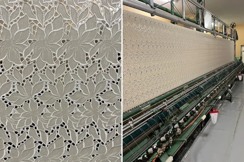 コートの生地と生地をつくる機械の写真