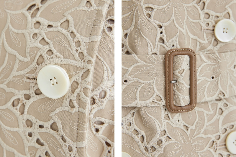 コートの貝ボタンとベルトのアップショットを並べた画像