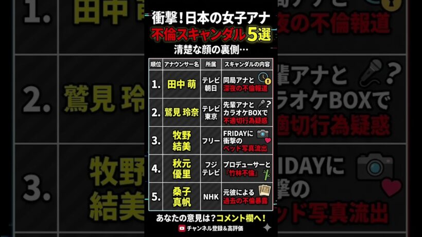 【衝撃】清楚な顔の裏側…不倫スキャンダルで世間を騒がせた女子アナ5選