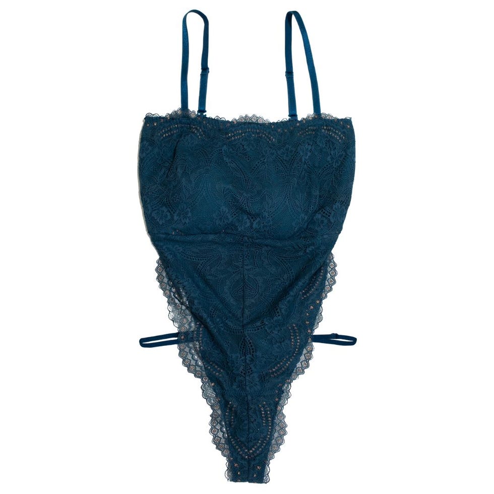 blue lace bodysuit with spaghetti straps and intricate patterns. blue lace bodysuit with spaghetti straps and intricate patterns.